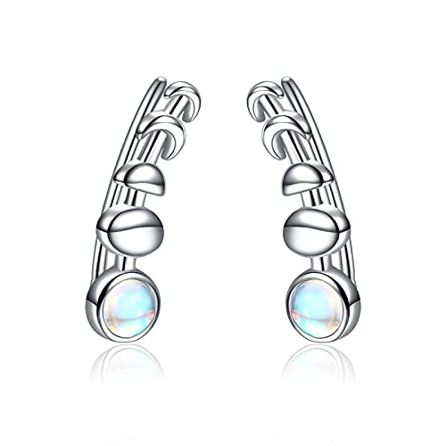 925 Sterling Silver Moon Phase Ear Crawler Cuff Earrings Ear Climber Hypoallergenic Moonstone Earrings (AB Color Moonstone)