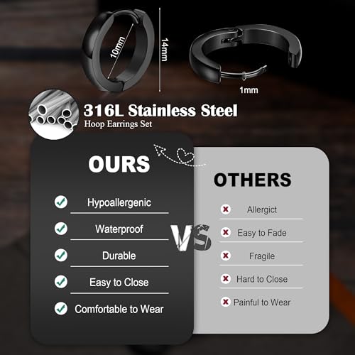 Adramata 6 Pairs Mens Earrings Hoops Huggie Earrings Set Stainless Steel Earrings Classic Small Hoop Earrings Helix Earrings Piercing Jewellery Sleeper Earrings Black Hoop Earrings for Men Women