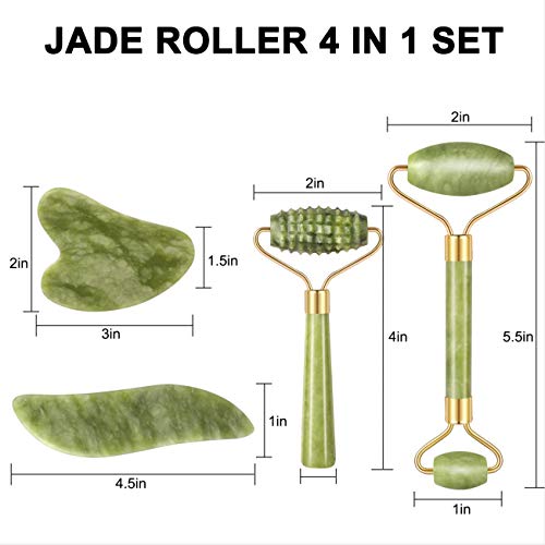 4-pcs Jade Roller & Gua Sha Set, Facial Roller Massager with Gua Sha Scraping Tool, Jade Stone Massager for Anti-aging, Slimming & Firming, Rejuvenate Face and Neck, Remove Wrinkles & Eye Puffiness