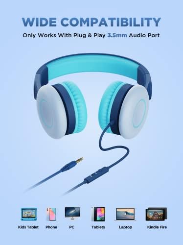 BIGGERFIVE Kids Headphones for Boys Girls, 85/94dB Volume Limited, Microphone, Foldable, 3.5mm Jack Wired Children Headphones for School/Travel/iPad/Fire Tablet, Blue
