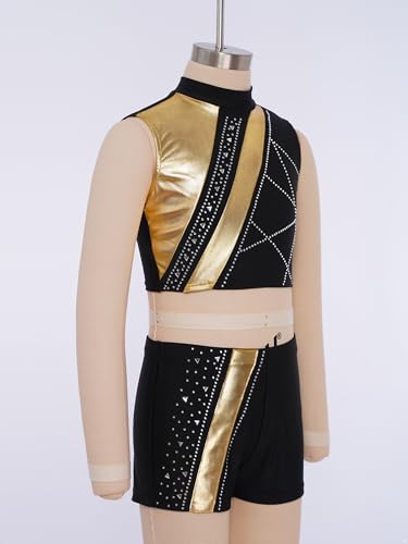 Kids Girls Gymnastics Outfit Set Glitter Metallic Crop Top with Shorts for Dance Stage Performances Gold 14 Years4
