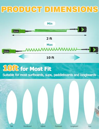 Mellbree Surfboard Leash, 2Pack 10 FT Tangle-Free Boogie Board Leash for Sups, Paddle Boards 7mm Anti Fracture with Comfortable Ankle Cuff Accompanying Surfers for Safer Surfing, Green - Thumbnail 7