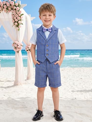 Image of LOLANTA Boys 4PCs Summer Suits, Short Suit Set for Wedding Ring Bearer Outfits Dress Clothes Vest Shirt Shorts Bow Tie