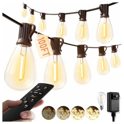 luckystyle 100FT LED Outdoor String Lights with Remote, 35+ 1 Shatterproof Bulbs Waterproof and Dimmable Patio Lights for Porch, Garden, Backyard, Deck, Balcony, 2700K Hanging Lighting