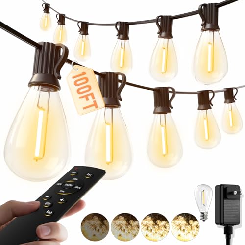 luckystyle 100FT LED Outdoor String Lights with Remote, 35+ 1 Shatterproof Bulbs Waterproof and...