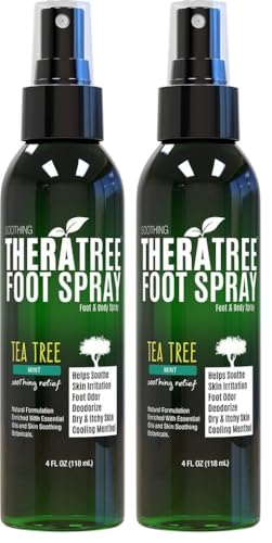 TheraTree Tea Tree Oil Foot Spray &amp; Shoe Deodorant by Oleavine - Helps with Foot Odor, Sweaty &amp; Stinky Feet - Natural Spray with Neem, MSM &amp; Menthol - Soothing &amp; Cooling Formula for Athletes