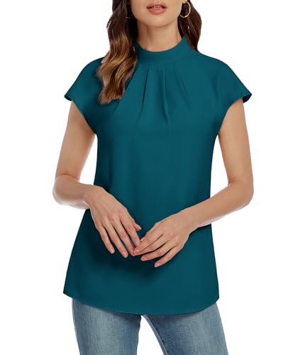 Image of Funlingo Womens Summer Tops Mock Neck Short Cap Sleeve Blouses Business Casual Work Chiffon Shirts Front Pleated Tunic Top