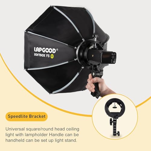 LAPGOOD FS60 Softbox 60cm Softboxes, Quick Release Foldable Softbox with Honeycomb Grid, S-Type Flash Bracket, Bowens Mount and Carrying Bag, Soft Box for Studio Photography Video Flash