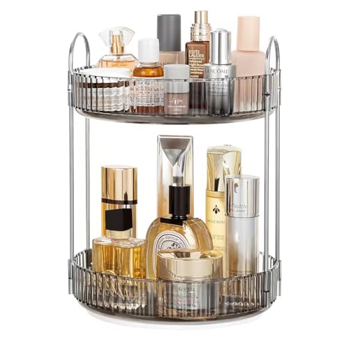 Image of 360 Rotating Makeup Organizer for Dressing Table, Cosmetic & Skincare Organizer Shelf with Drawers, Perfume & Lipstick Holder Stand, Beauty Vanity Organiser Box (Pearl Grey, 2 Layer)