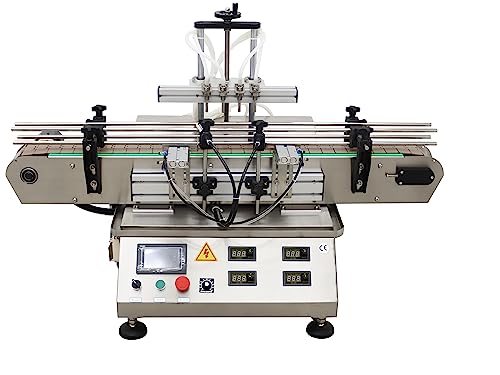 INTSUPERMAI 110V Desktop Four Head Magnetic Pump Liquid Filling Machine Stainless Steel Digital Liquid Filling Machine for Milk Water Juice with Conveyor Belt