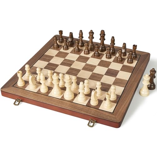 Image of 17 inch Magnetic Wooden Chess Set for Adults Kids, Chess Board Games with Magnetic Pieces & Extra Queens, Folding Portable Travel Large Unique Chess Sets for Tournament Professional Beginner