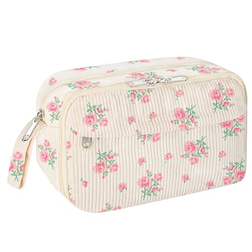 Image of WOBAGMEN Cute Pencil Case,Large Corduroy Zippered Pencil Case Pouch, aesthetic Pencil Bag with Compartments, Pencil Pouch School Supplies (HY-corduroy pc-pink floral)