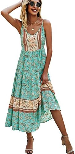 Angashion Women's Dresses Floral Adjustable Spaghetti Strap V Neck Boho Long Maxi Dress Summer Beach Flowy Ethnic Sundress 2141 Green Medium