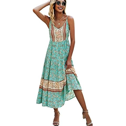 Angashion Women's Dresses Floral Adjustable Spaghetti Strap V Neck Boho Long Maxi Dress Summer Beach Flowy Ethnic Sundress 2141 Green Large Cover