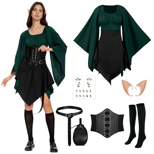 7Pcs Women Elf Renaissance Costume Traditional Irish Dress Fairy Costume for Halloween Cosplay (Green and Black, L)