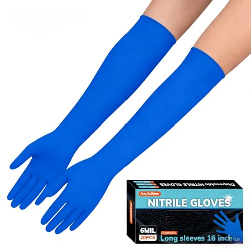 AmpleShine 6MIL 16 Inch Long Nitrile Disposable Gloves Powder-Free Durable Heavy Duty Waterproof Blue Large for Household Cleaning (20 Blue L)