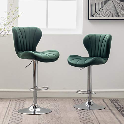 Roundhill Furniture Ellston Velvet Adjustable Swivel Barstools, Set Of 2, Green #TOP3