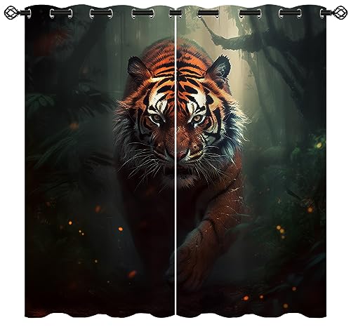 Ferocious Tiger Blackout Curtains for Girls Boy Home Decor, Animal Forest Wild Nature Kids Grommet Thermal Insulated Drapes Darkening Window Curtain for Bedroom Living Room, 42 x 63 Inch