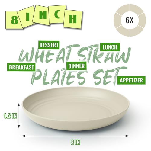 Image of 8In Kids Plates Set of 6, Wheat Straw Deep Dinner Plates,LightGrey | Unbreakable and Reusable Plates for Appetizer, Microwave & Dishwasher Safe, Ideal for Daily Use