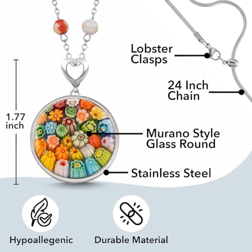 SHOP LC DELIVERING JOY Murano Style Millefiori Glass Necklace - Beaded Necklaces for Women Trendy - Colorful Flower Jewelry Stainless Steel 24" Christmas Birthday Gifts for Women3