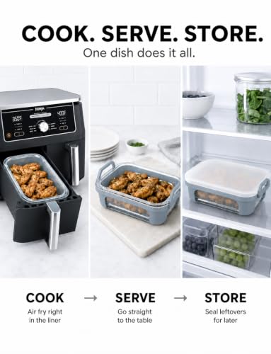 Image of Glass Air Fryer Liner for Ninja Dual Basket Air Fryers DZ401 DZ550 SL401, Reusable Borosilicate Glass Bowl with Silicone Base Handles, Dishwasher Safe Reusable Accessory Set with Tray & Lid