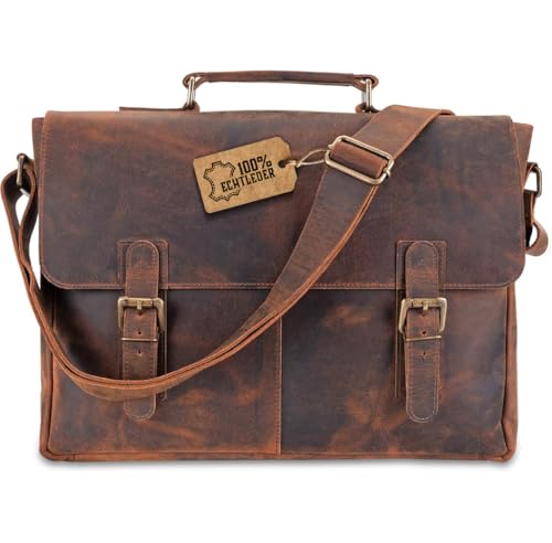 moonster Leather Messenger Bag for Men, Rustic Messenger Bag for Women – Handmade Full Grain Leather Bag for Men - Distressed Buffalo Leather – 16 Inch Laptop Bag with Padded Compartment Pockets