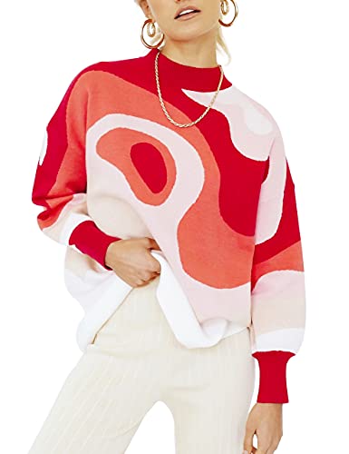 Image of MISSACTIVER Women Casual Knitted Mock Neck Sweater Print Colorblock Long Sleeve Loose Fit Pullover Knitwear