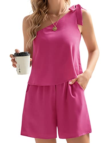 Ktilg Pink Romper For Women Sleeveless One Shoulder Short Pant Jumpsuits Loose Casual Vacation Outfits Rose Red L #TOP12