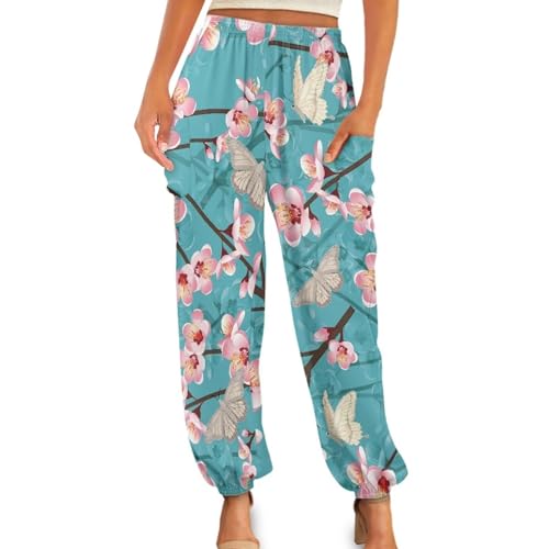 YEXIATODO Cherry Blossom Moth Yoga Pants for Women with Tummy Control Pregnancy Casual Yoga Tights Yoga Trousers Loose Fit Harem Pants Girls' Active Pants for Spring Summer Autumn Winter-L