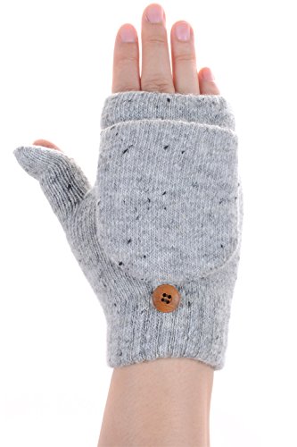 BYOS Women Fleece Lined Convertible Fingerless Knit Gloves w/Flaps (Lt.Gray)