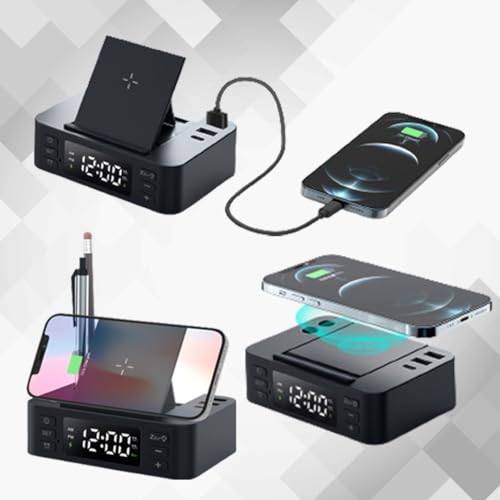 Image of REMAXX Digital Alarm Clock with 15w Wireless Charger and Pen Holder | 2 USB & 1 Type C Output, Mobile Stand, Dual Alarms, 12 /24H Time Mode, Brightness Control