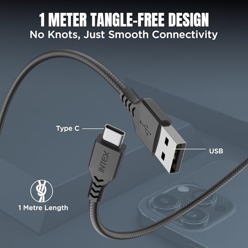 Image of Intex SPEED 3A USB to Type C Fast Charging & Data Sync Tangle Free Cable, Output 480 Mbps for BT Speaker, Mobile, Tablet, TWS & Other Type C Devices- Black