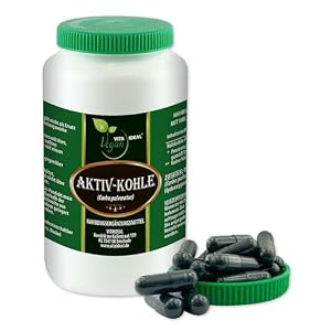 VITA IDEAL Vegan® AKTIV – KOHLE 60 KAPSELN – Carbon, Carbo medicinalis – Aktivkohle – Holzkohle – Tagesportion 640mg Pflanzenkohle reines Pulver. Natürlich, pflanzlich,und ohne Zusatzstoffe.