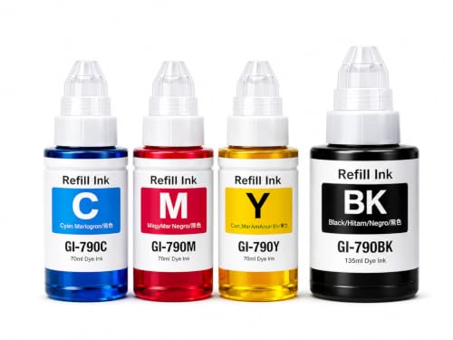 Image of ROHINK GI-790 Compatible Refill Ink Bottles for Canon G Series Printer PIXMA G1000 G1010 G2000 G2002 G2010 G2012 G3000 G3010 G3012 G4000 G4010 (345ML Total: 135ML Black, 70ML Cyan, Yellow, Magenta)