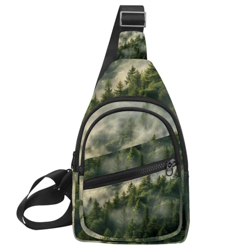 Mochila bandolera ajustable de 30x18x4cm con diseño exclusivo de bosque de pinos neblinoso