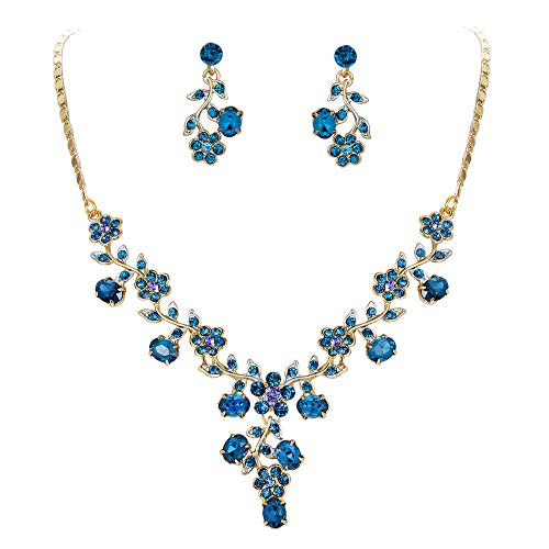 EVER FAITH Flower Leaf Necklace Earrings Set Austrian Crystal Gold-Tone - Blue