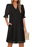 MEROKEETY Women's 2026 Summer Short Sleeve Mini Dress V Neck Ruffle Hollow Out Eyelet Lace Dresses, Black, Small