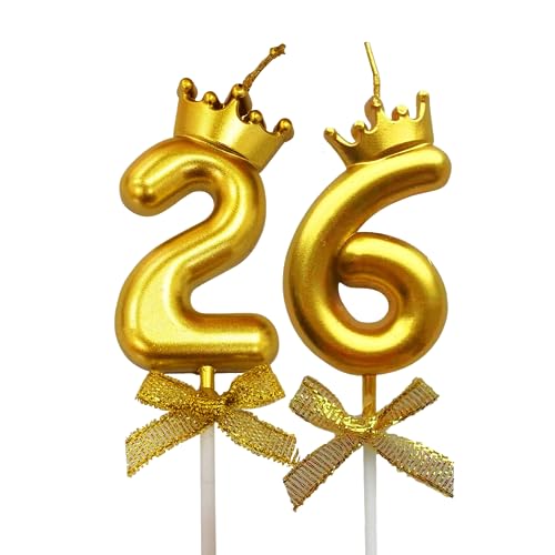 Image of 2 Pc 26 Number Candle for Birthday Cake Metallic 26th Birthday Cake Decoration Twenty Six Candle with Crown on Top Cake Topper 0-9 Number Candles for Anniversary (Pack of 2, Gold)