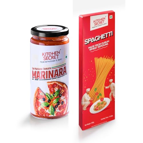 Image of Kitchen Secret Spaghetti Pasta and Marinara Sauce Combo | 100% Durum Wheat Semolina Eggless Pasta 500g + Sun Marzano Tomato Sauce 390g | No Preservatives, High Protein & Fiber, Italian Style