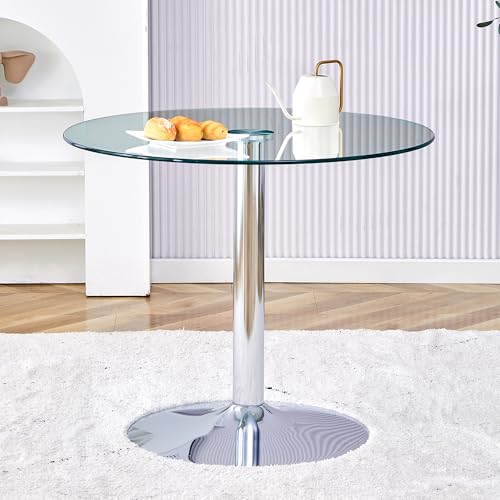 HaoChrymec Mesa de Centro Redonda con Cristal y Base Metálica, Superficie Transparente 85cm, Altura 76cm, Estilo Minimalista y Versátil, para Salón y Oficina, Plata, Transparente
