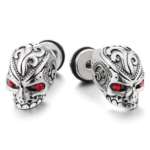 Mens Stainless Steel Skull Stud Earrings Ornate Engraved Red Eye Jewelry Gothic Biker Accessory Punk Rocker Style Gift for Him