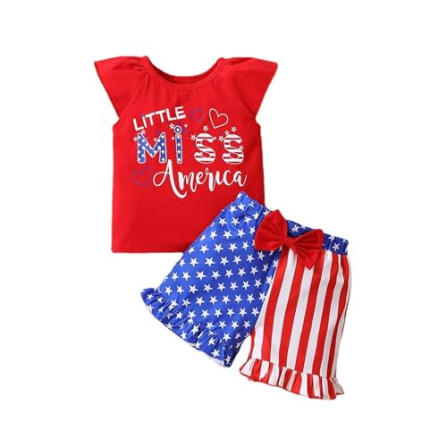4th of July Toddler Baby Girls Outfit USA Flag Stripe Flutter Sleeve T Shirt and Shorts Set Independence Day Red Shirt