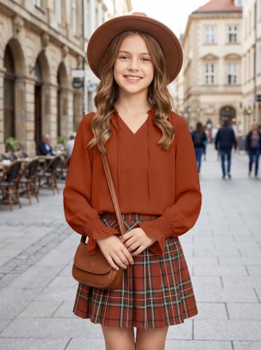 Image of DOKOTOO KIDS Girls Dress Shirt Long Sleeve Blouse Fall Tops Size 7-15 Years | V Neck, None Elastic Breathable Fabric, Ruffle Smocked Sleeve, Solid Pull on, Uniform Formal Western Thanksgiving