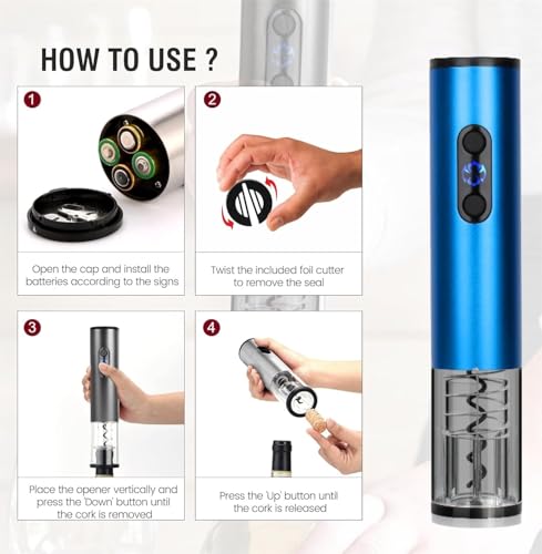 Image of COKUNST Electric Wine Corkscrew Bottle Opener with Foil Cutter & LED Light | Battery Operated Automatic Wine Opener for Home, Party & Restaurant Use - Blue