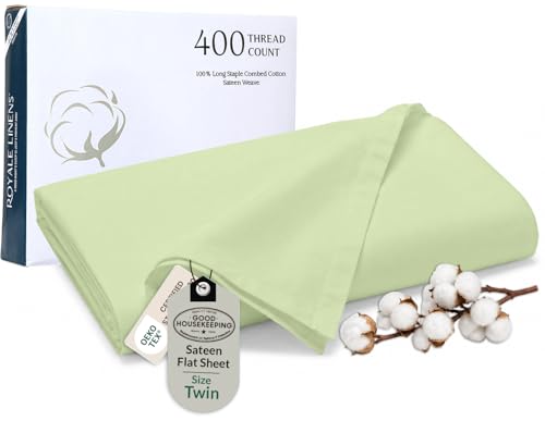 Image of Royale Linen 400 Thread Count Twin Size Flat Sheet Only - Cooling Sheets - 100% Cotton Flat Sheets Only Sold Separately -Luxury Sateen Weave - Super Soft Top Sheets Only (Twin, Florentine Sage)