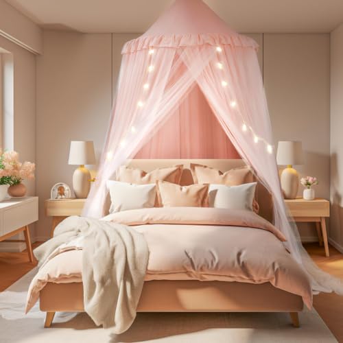 little dove Bed Canopy for Girls with Star Lights, 39.4''x106'', Peach Pink