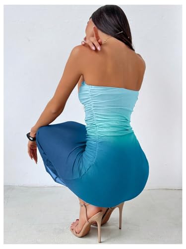 Image of GORGLITTER Women's Sunset Ombre Strapless Cocktail Bridal Shower Midi Dress | Orange Wedding Guest Dress, Mesh Tube Dress, Bridesmaid Dresses, Vacation Beach Sundresses,