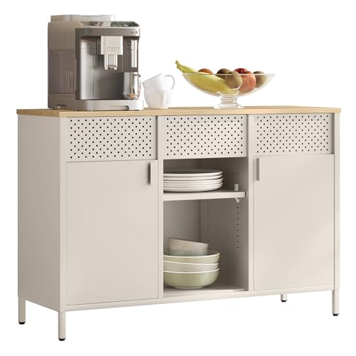 SONGMICS Armario de Almacenamiento, Armario de Metal, Aparador con Puertas Dobles, Cierre Magnético, Estantes Ajustables, Marco de Acero, Beige Arena y Roble Natural LSC204LF01