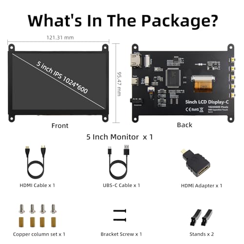 Image of 5 Inch LCD Touch Screen, 1024x600 IPS Display with Stand, HDMI Portable Monitor for Raspberry Pi 5 /4B /3B+ /3B /B+ /Zero /400, BB Black, Windows 10 8 7, Free Driver