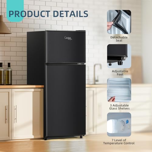Image of Cucina Magica Mini Fridge with Freezer, 3.8 Cu.Ft Small Fridge, Energy Saving, Low Noise,7 Adjustable Thermostat, Double Door Small Refrigerator for Dorm, Bedroom, Office